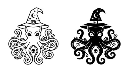 Halloween Octopus Illustration: Two stylized octopus illustrations, one in black and white and the other in black, both adorned with a witch's hat featuring a crescent moon and stars. © abidakhatun