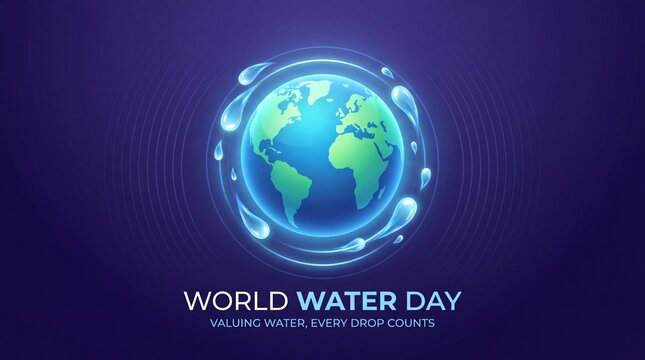 World Water Day poster with Earth surrounded by water droplets on blue background