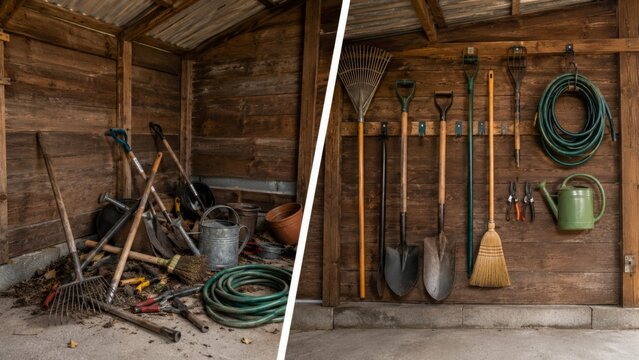 Garden shed floor clutter and wall hooks for tools