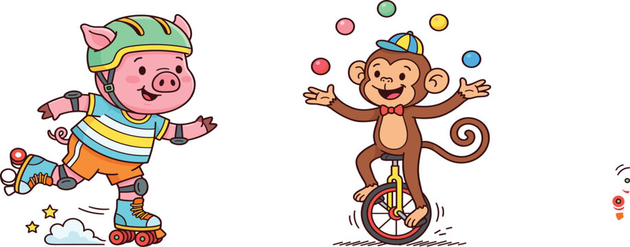 Cute circus animal clipart collection featuring roller skating pig juggling monkey and playful carnival entertainment cartoon vector illustrations
