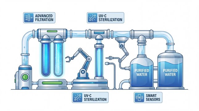 Advanced water purification system with UV-C sterilization and smart sensors technology