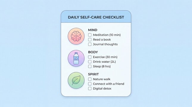 Daily self-care checklist with mind, body and spirit sections on blue background