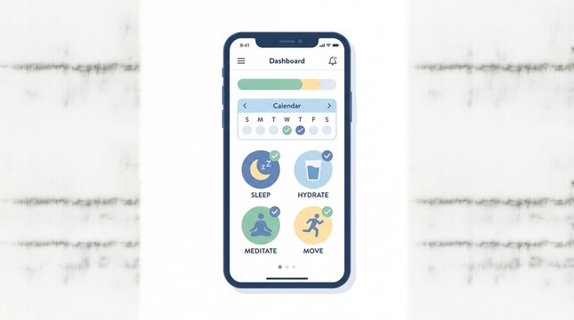 Mobile app dashboard for tracking daily habits and wellness activities on a smartphone screen.