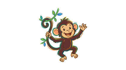 Cute cartoon monkey swinging on a vine, waving happily, isolated on white © mumun