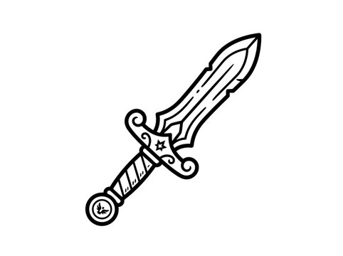 Sharp medieval dagger featuring intricate hilt detailing and a pointed blade edge for fantasy combat roleplay games presented in a bold black ink sketch style illustration isolated on transparent back