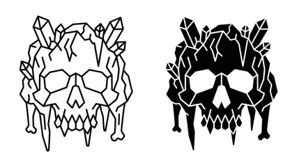 Crystal Skull Art: A striking geometric skull adorned with sharp crystals and dripping icicles, presented in both outline and silhouette form. © abidakhatun