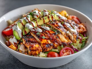 Fototapeta premium Close-up of grilled chicken salad with avocado and creamy dressing in white bowl studio shot food photography