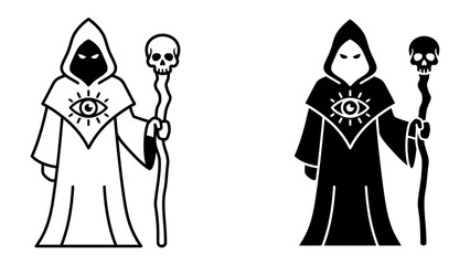 Mystical Sorcerer Iconography: A powerful sorcerer, cloaked and hooded, stands holding a staff topped with a skull and adorned with an all-seeing eye symbol, representing arcane knowledge and mystery. © mstmahmuda