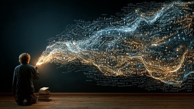Igniting creativity with words in a dark room, a figure conjures a luminous stream of ideas from the tip of a sparkler, surrounded by stacks of books