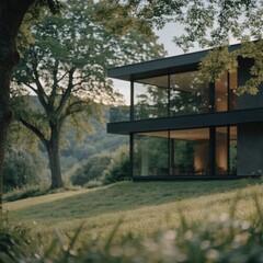 Fototapeta premium Luxury modern glass villa with twilight sky architectural design
