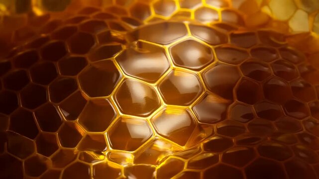 Macro motion of honeycomb with shifting highlights across glossy hexagonal cells under warm rim light, revealing rich amber texture and repeating organic pattern