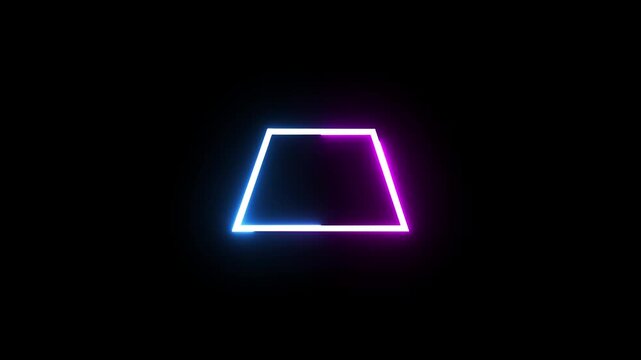 Abstract neon trapezoid shape glowing and flickering in seamless loop on black background.