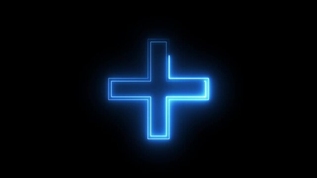 Neon blue plus sign glowing and forming on a black background for medical data animations.