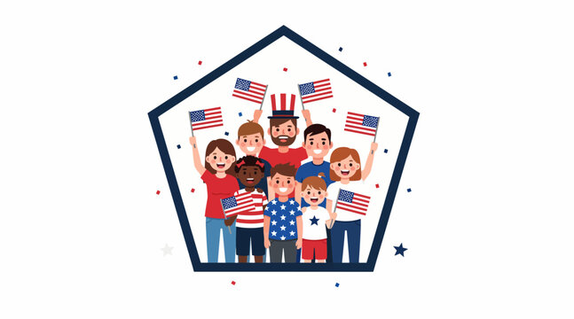 happy family with kids holding american flags