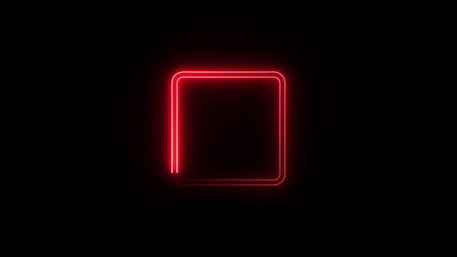 Red neon square frame animation glowing light border moving on black background loop video.