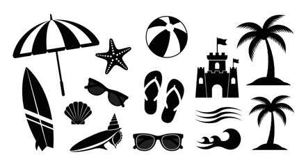 Obraz premium Black and white beach icons and symbols.