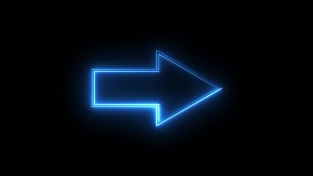 Glowing blue neon arrow light animation moving right direction on black background footage.