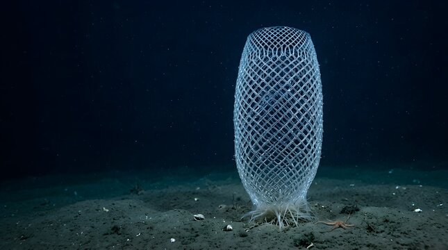 Abstract glowing bioluminescent deep sea sponge structure in dark ocean