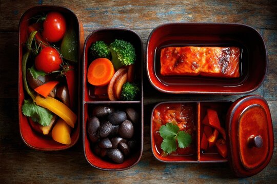 Overhead close-up of a vibrant Japanese bento box featuring salmon, broccoli, tomatoes, carrots, olives, and peppers on wooden surface