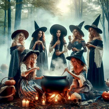 witches their cauldrons. cauldron surrounded by witches who in the moonlight against the backdrop of a dark forest prepare a witch's potion, an atmosphere of mystery and magic