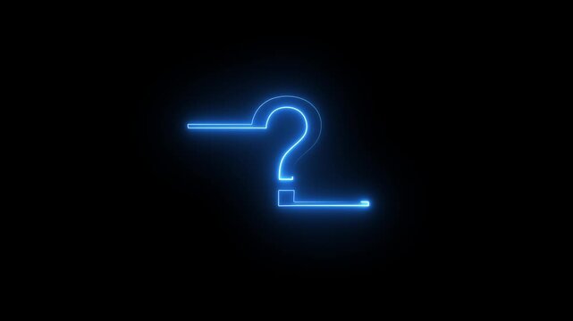 Animated neon question mark on black background, asking for answers, mystery.