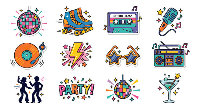 Retro Party Elements: Disco Ball, Roller Skates, Cassette Tape, Microphone, Vinyl
