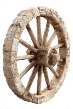 Antique Stone Wheel Close Up on White Background Studio Shot Ancient History Transportation Concept