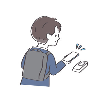 スマホでタッチ決済をする若い日本人ビジネスマンの後ろ姿