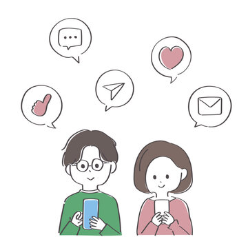 SNSを楽しむ人々のかわいい手描きイラスト