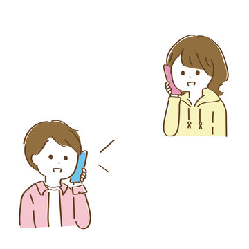 スマホで通話をしているかわいいカップルの手書きイラスト