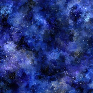 Abstract Watercolor Galaxy Painting Seamless Pattern in Deep Blues and Purples with Gold Speckles Artistic Background