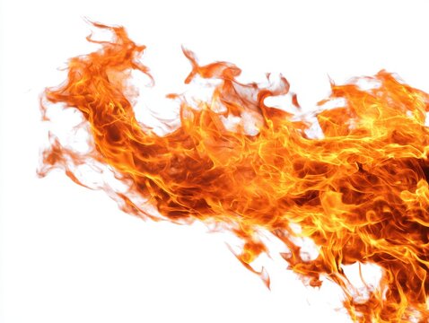 Dynamic fire flames isolated against white background studio shot of burning textures and vibrant color in abstract form