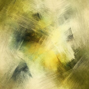 Abstract brushstroke painting in green yellow and white hues with textured canvas background art style close up