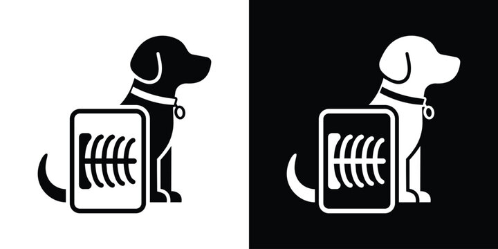 Dog x-ray diagnostic graphic vector icon. Black and white veterinary radiology medical scan silhouette logo.
