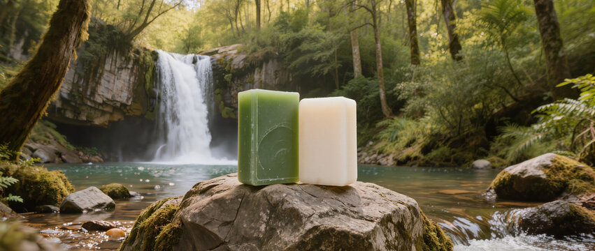2 soaps green and white color is on the rock , big river and waterfall is background.