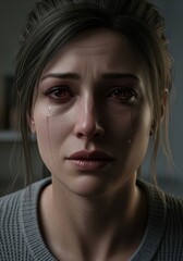Fototapeta premium Close-up Portrait of a Crying Woman with Tears Streaming Down Her Face Expressing Deep Sadness and Grief