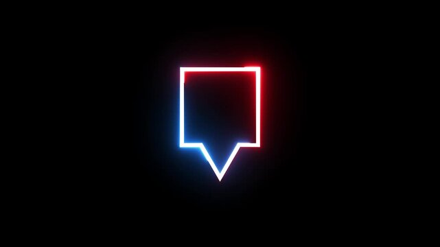 Neon speech bubble with dynamic red and blue glowing light on dark background motion graphic.