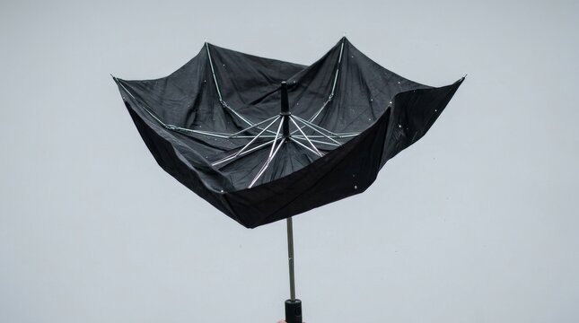 Inside-out umbrella damaged by strong wind against neutral background.