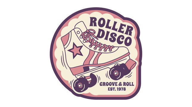 Vintage style roller disco emblem with retro roller skate illustration.