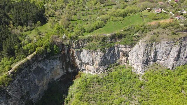 Aerial view of Skaklya Waterfall at Balkan Mountains near village of Zasele, Bulgaria
