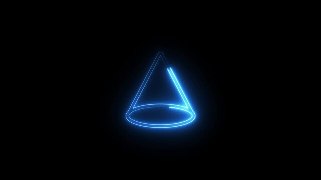 Glowing blue neon cone shape drawing animation on black background abstract motion.