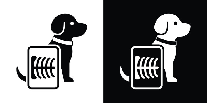 Dog x-ray diagnostic graphic vector icon. Black and white veterinary radiology medical scan silhouette logo.