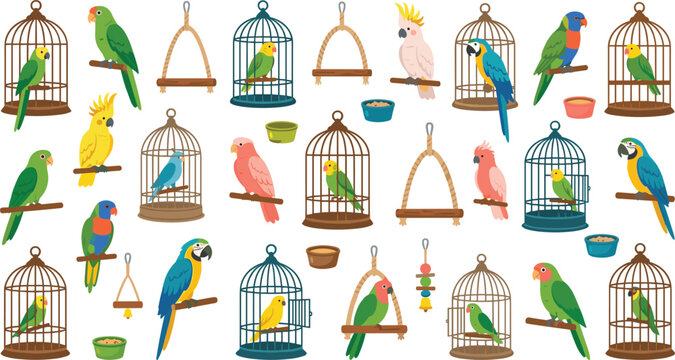 Exotic pet birds vector set with colorful tropical parrots macaws cockatoos lovebirds perched on swings and inside vintage wire cages isolated on white background