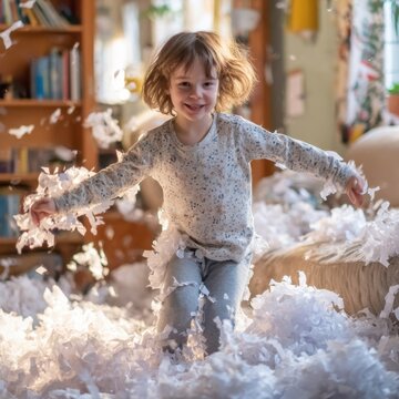 Playful child having fun throwing paper in living room low angle view happy girl playing in a mess of shredded paper indoor lifestyle childhood joy