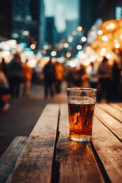 Glass of Beer on Wooden Table at Night Market with Bokeh Lights Close Up Shot in Urban Setting