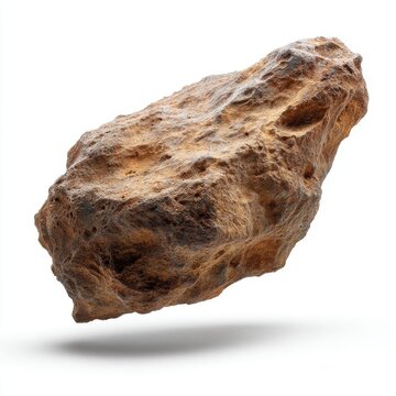 Isolated brown rock levitating on white background studio shot geology science mineralogy asteroid space exploration