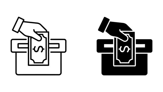 ATM Cash Deposit: A stylized illustration depicting a hand inserting a dollar bill into an ATM machine for deposit, representing financial transactions.