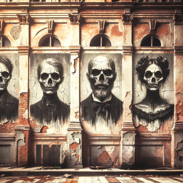 Eerie portraits on the walls of an old abandoned house. Halloween time