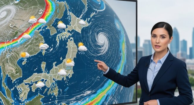 Professional weather forecaster pointing at a digital map of Japan in a studio