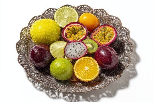 Exotic Fruits Still Life on Ornate Plate Overhead Shot Passion Fruit Dragon Fruit Kiwi Lime Lemon Plum